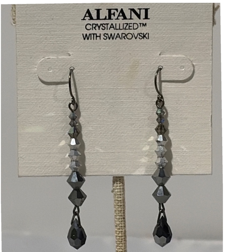 Alfani Swarovski Crystal Grey Black Beaded Linear Drop Earrings Gunmetal Tone